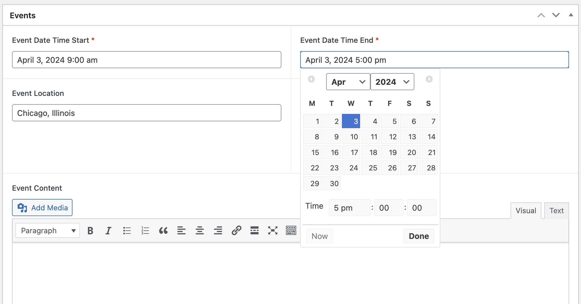 A form titled "Events" shows blank fields for event details, including start and end dates. A calendar drop-down for selecting dates is open with April 2024 visible. Text fields and buttons for media and text editing are at the bottom.