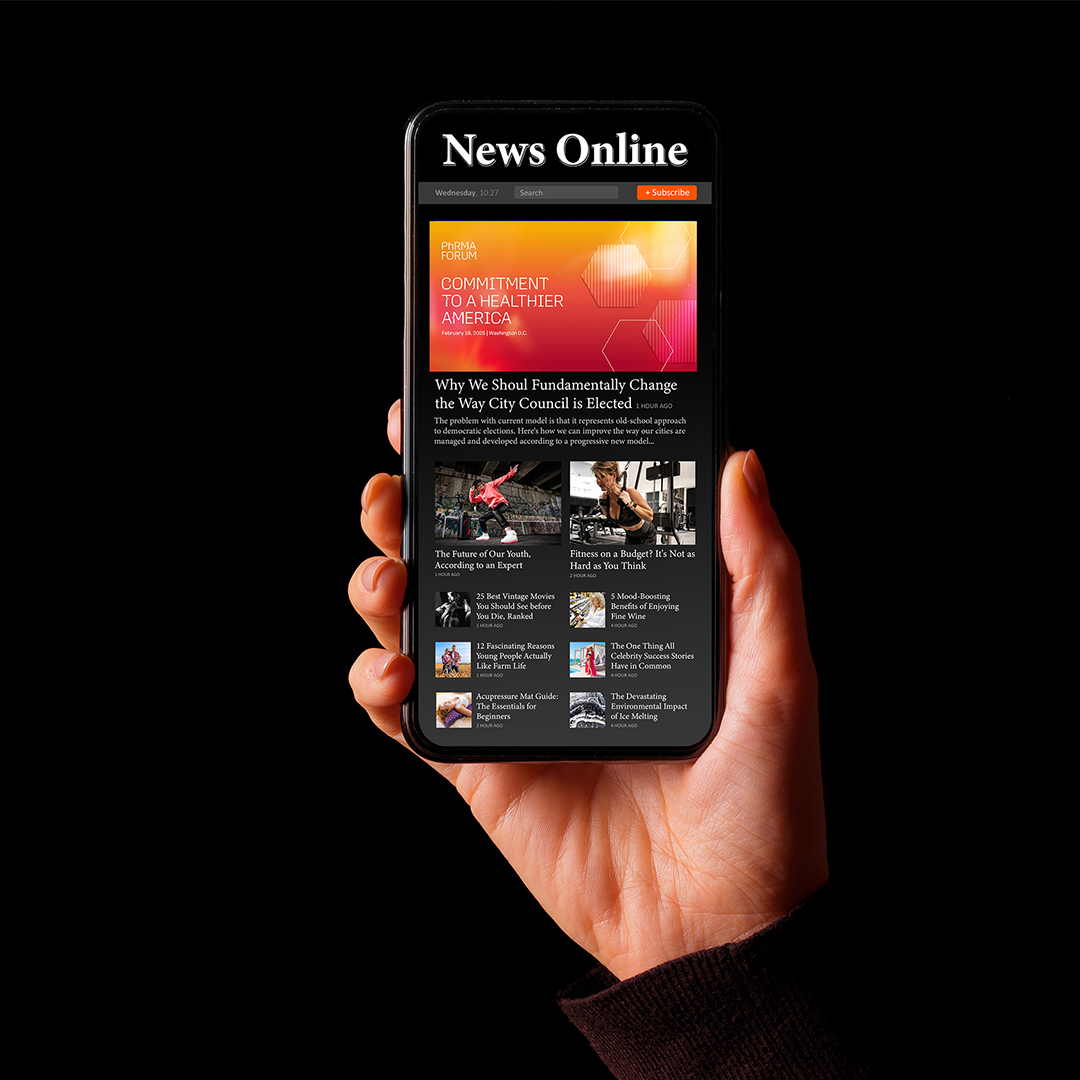 A person holds a smartphone displaying a "News Online" website, showcasing articles on health advocacy and city council elections. The screen, cradled in the left hand, highlights insightful public policy communications against a stark black background.