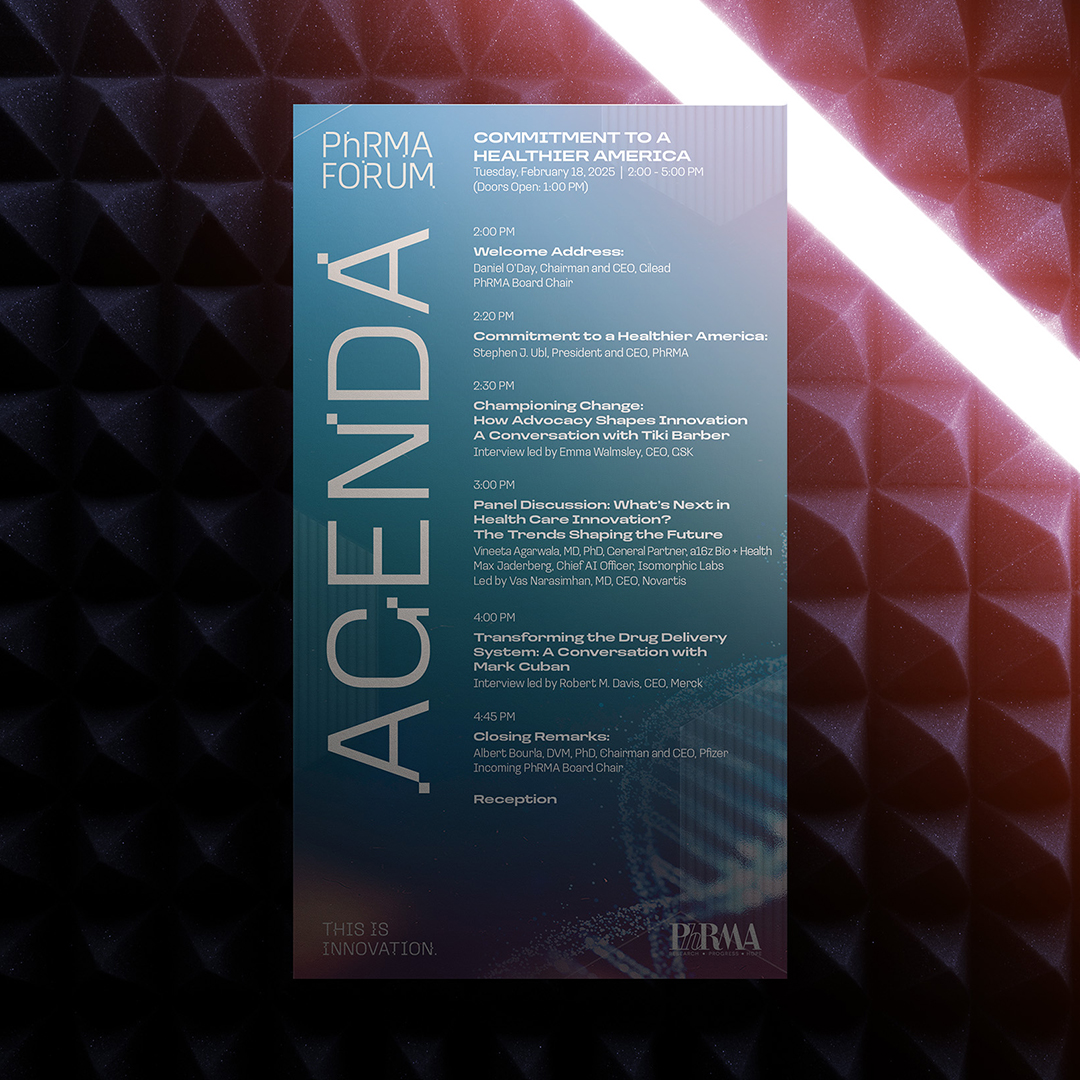 A vertical banner on a textured surface showcases the "PHRMA Forum" agenda, highlighting events like a welcome address, panel discussion, and keynote address from 2:00 PM to 5:00 PM. The modern design with a blue background underscores its focus on public policy communications.