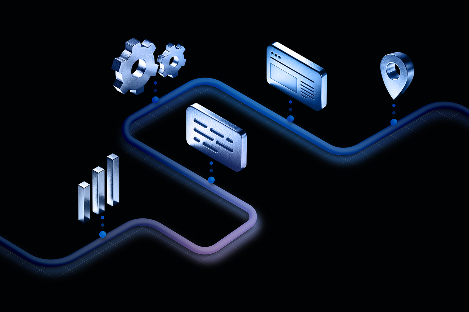 Isometric illustration of a digital workflow on a dark background. Featuring icons like gears, a webpage interface, and bar charts connected by a glowing blue path, it symbolizes user experience in website design through tech and data processes.